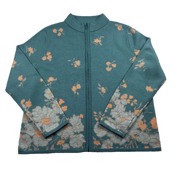 Pendleton Sweaters - Pendleton Merino Wool Full Zip Cardigan Sweater Floral Teal Blue Womens Size L